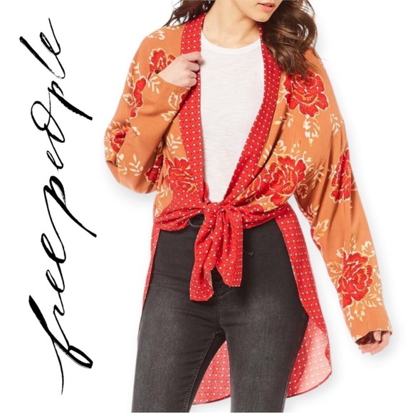 Free People Medium Forget Me Not Floral Red and Tan Kimono - Picture 2 of 12